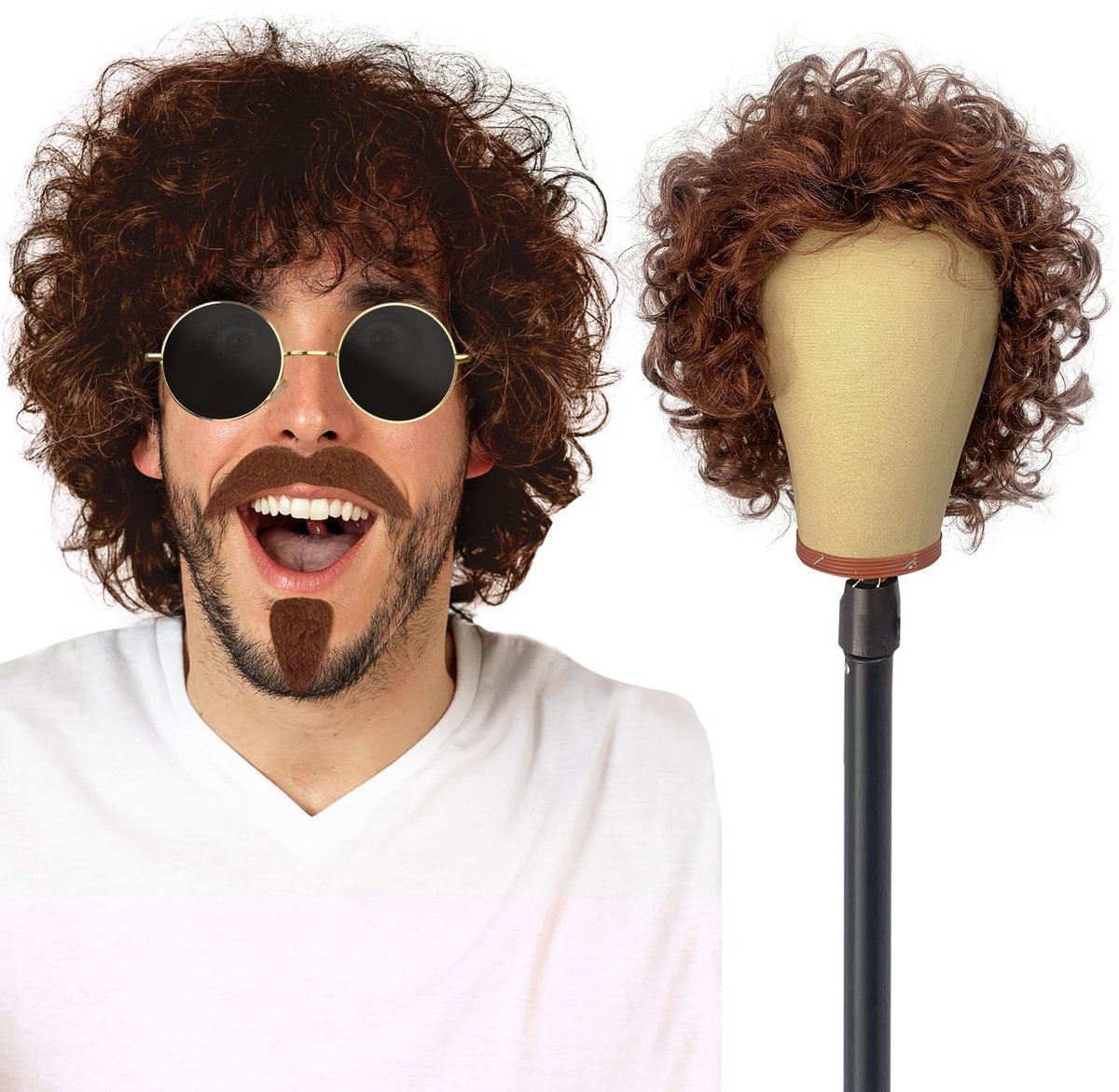 Cosensi- Pruik Bruine Krullend - Kostuumpruik - Jaren 80 Pruik - Afro Pruik - Synthetisch Haar - Inclusief Snor en Zonnebril