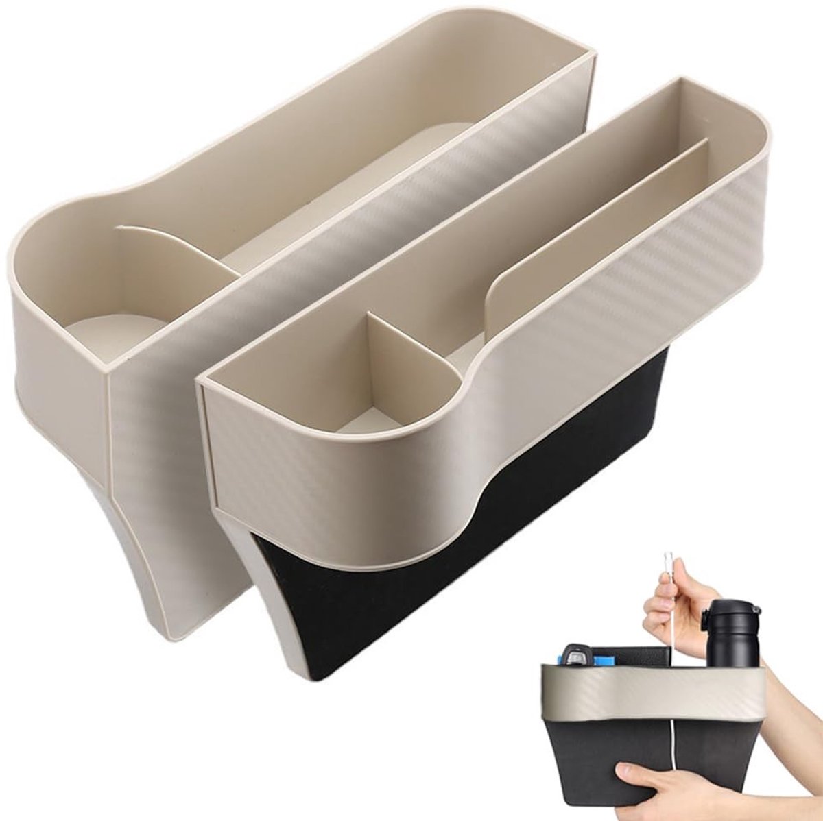 Cosensi- Autostoel Organizer met Tafeltje - 2 Stuks - Zijvak Organizer - Auto Organizer - Kunststof - Beige - 25,8 x 6,1 x 16,4 cm - Autostoel Opbergvak