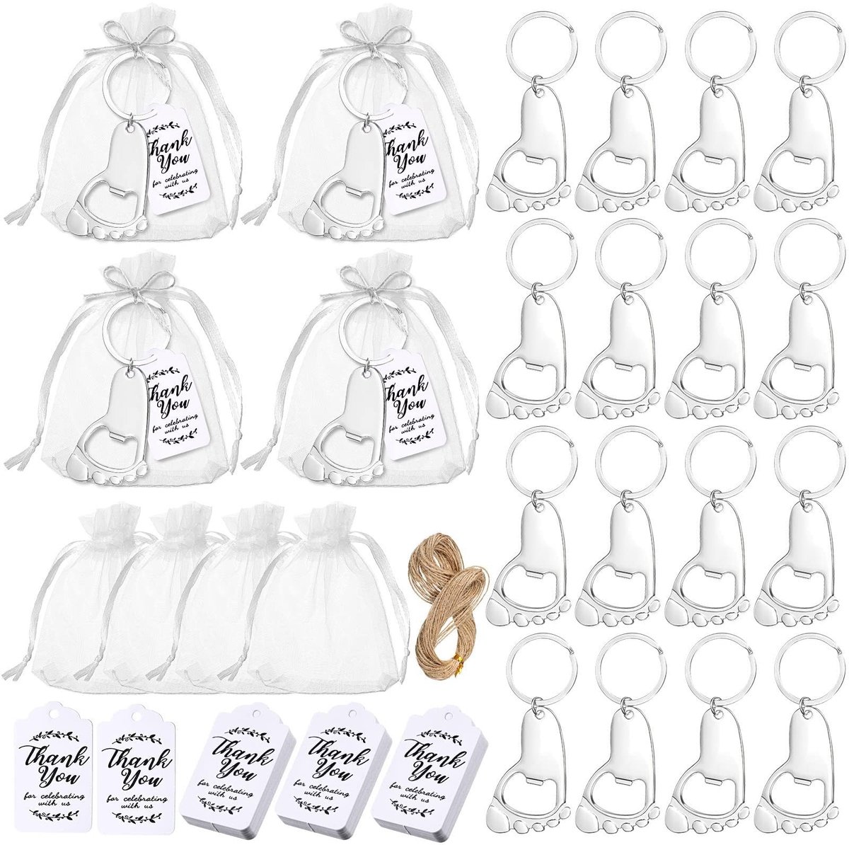 Cosensi- Babyvoetafdruk Sleutelhanger - 24 Sets - Flesopener - Bedankkaartjes - Organzazakjes - Multifunctioneel Ontwerp