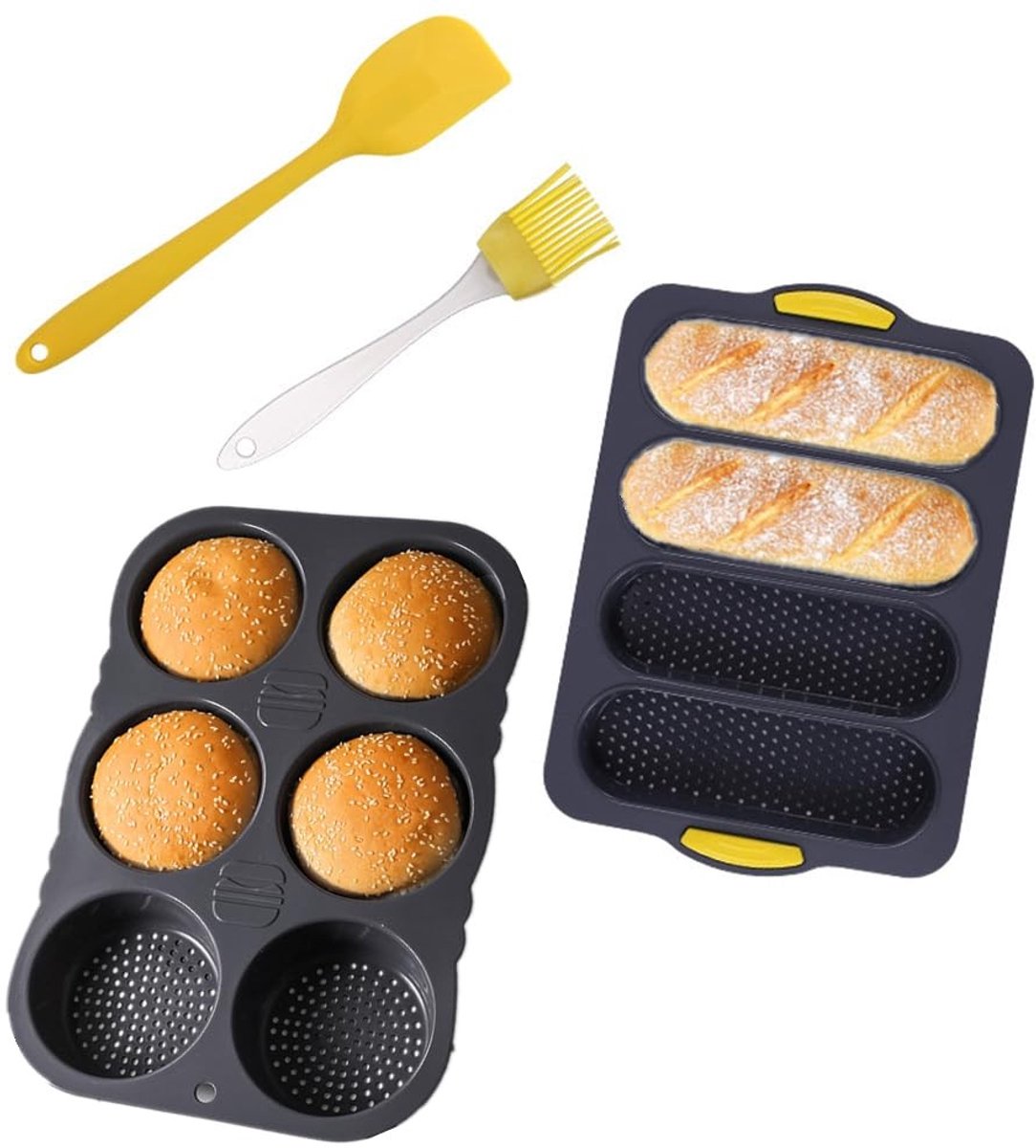 Cosensi- Stokbroodpan 4 Gaten - Bakvormen Siliconen - Hamburger Broodje Pan 8 Gaten - Hittebestendig - Antiaanbaklaag - Afmetingen 34 x 23,8 cm - Bakvorm