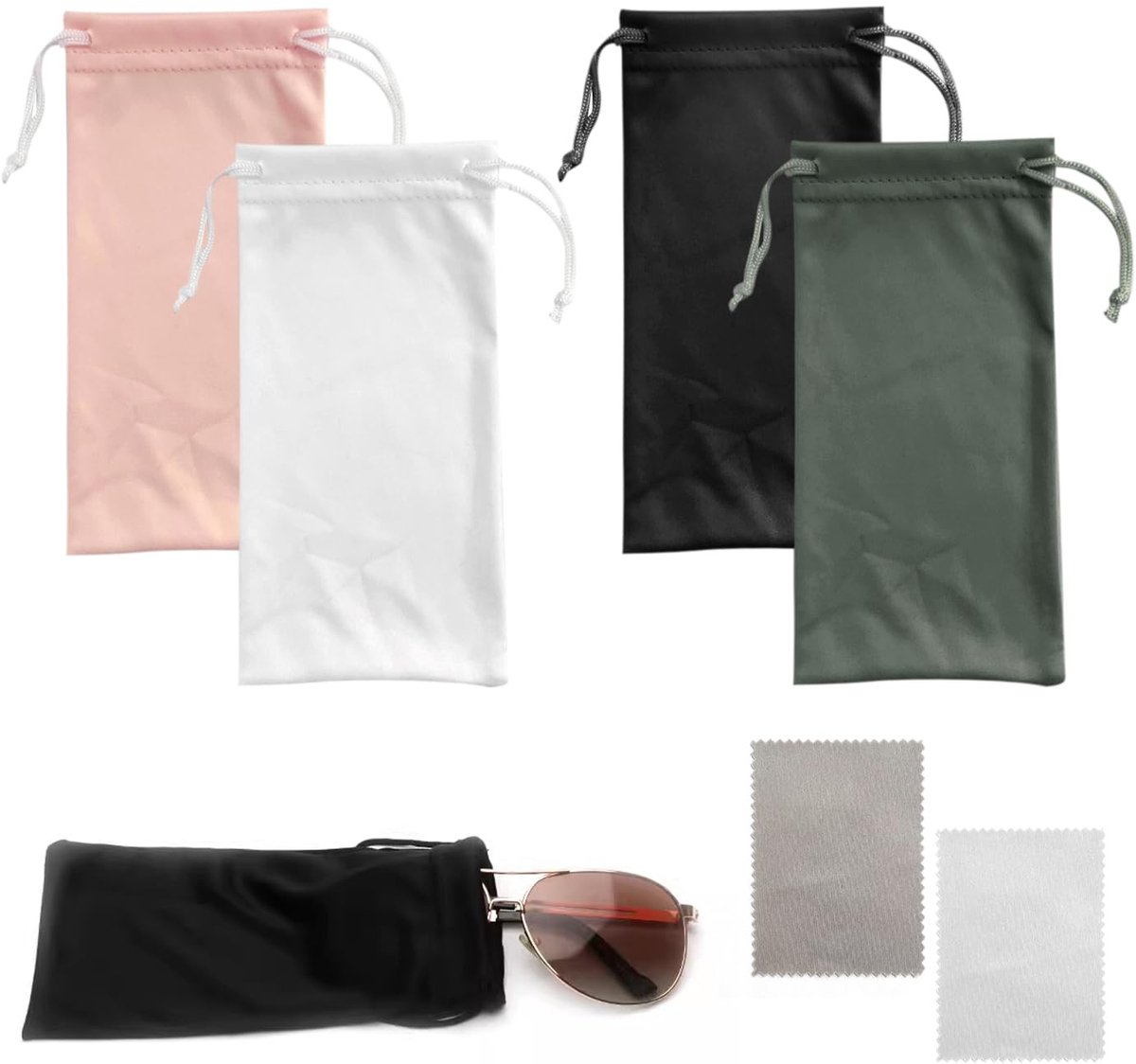 Cosensi- Brillenzakjes 4 stuks - Zachte stoffen tas met trekkoord - Waterdichte zak - Inclusief brillendoekjes - Afmeting 17,5 x 9 cm - Kleur: zwart/wit/grijs/roze - Brillenhoes