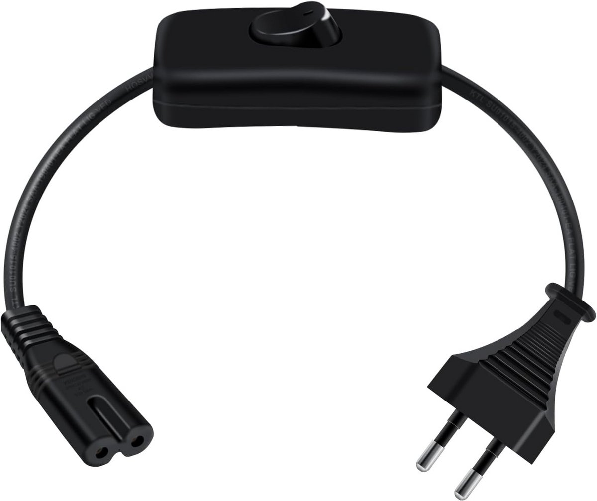 Euro Power Cord C7 2.5 A 250 V Power Cable Plug Type C Euro Plug to C7 Socket with Switch AC Power Cord 2 x 0.75 mm² for PS4, PS5, TV, Laptop, Monitor, Prints (Black, 1 Meter)