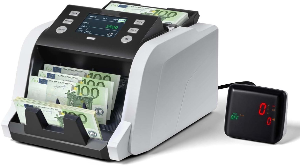 Geldtelmachine - Biljettenteller - 1200 Biljetten Per Minuut - Waardetelling & Gemengde Coupures - Valsgeld Detectie UV/MG/IR - TFT Display - Voor Euro & Dollar