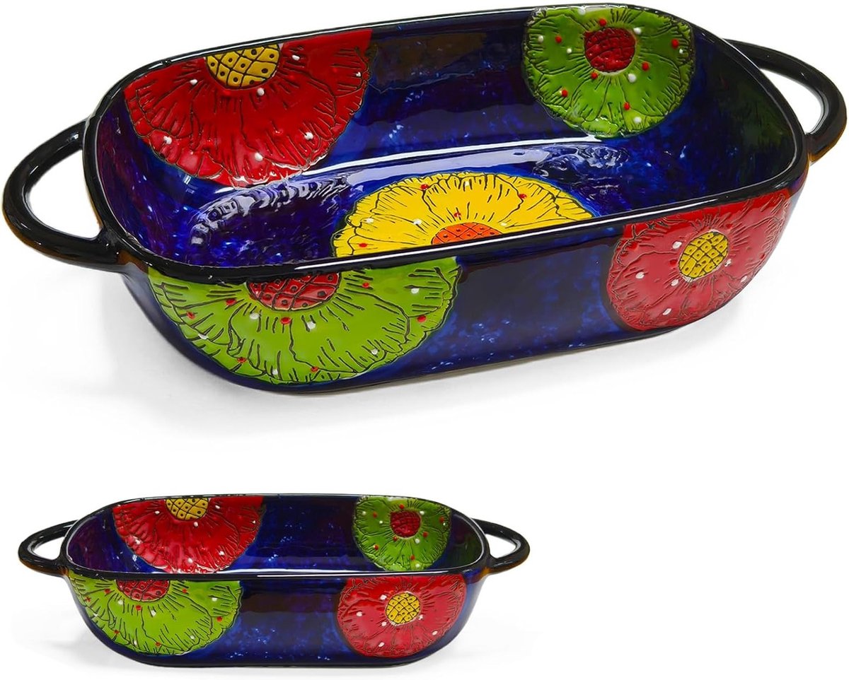 Ovenbestendige rechthoekige keramische ovenschaal met vintage bloemenpatroon en 2 handvatten - ideaal voor lasagne, ovenschotels en meer - geschikt voor oven, magnetron en vaatwasser