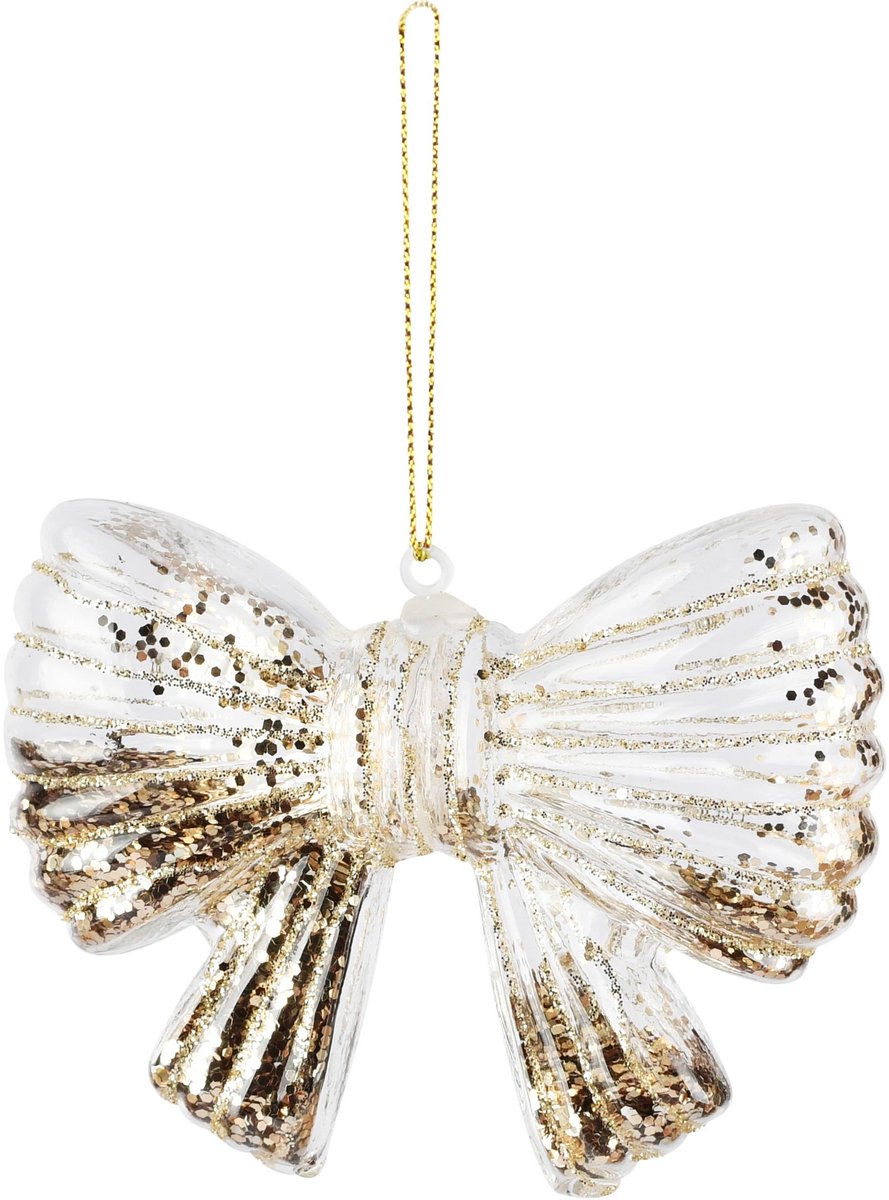Dekoratief | Hanger strik m/gltter, transparant/champagne, glas, 9x3x7cm | A265993