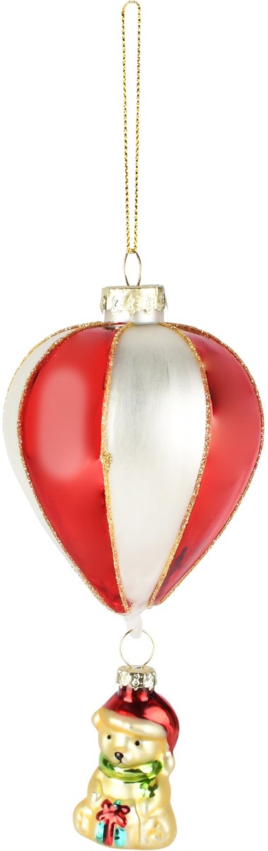 Dekoratief | Hanger ballon m/beertje, rood/wit/goud, glas, 7x7x15cm | A265641