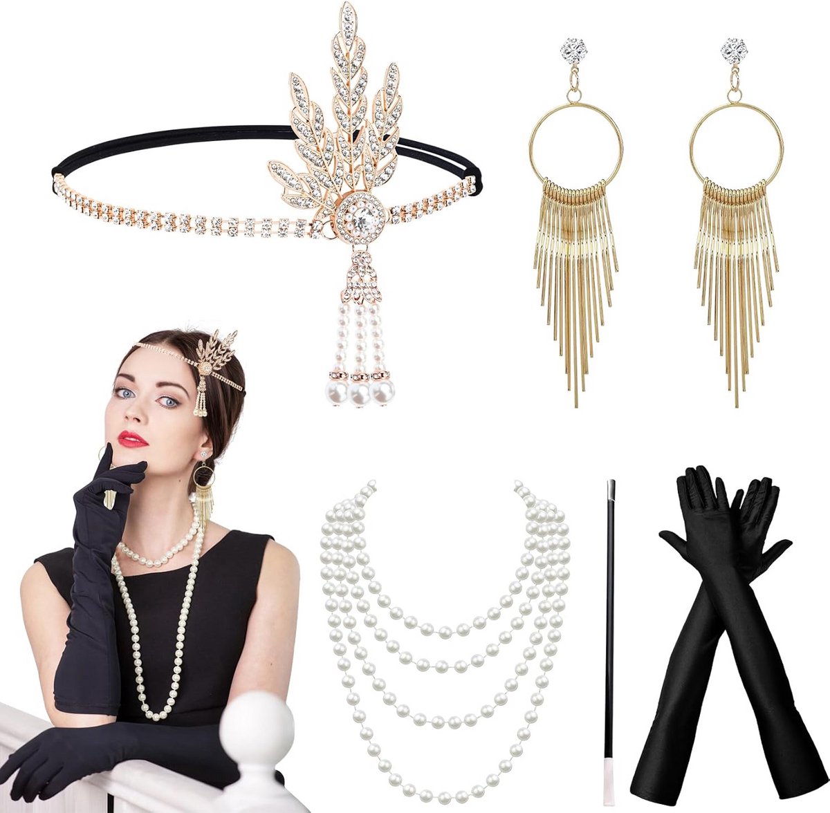 Herbst 1920s Costume Women's 1920s Costume Gatsby Accessories Women's Accessories for Women 7 Pieces Charleston Gatsby Accessories for Women Feather Boa Black, Gold