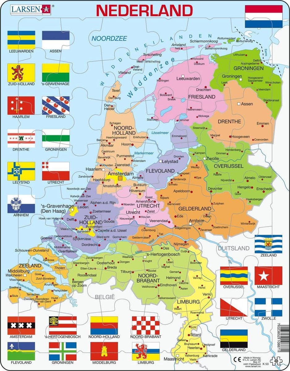 Leerzaam Kinderpuzzel Nederland Politieke Kaart met 48 Stukken