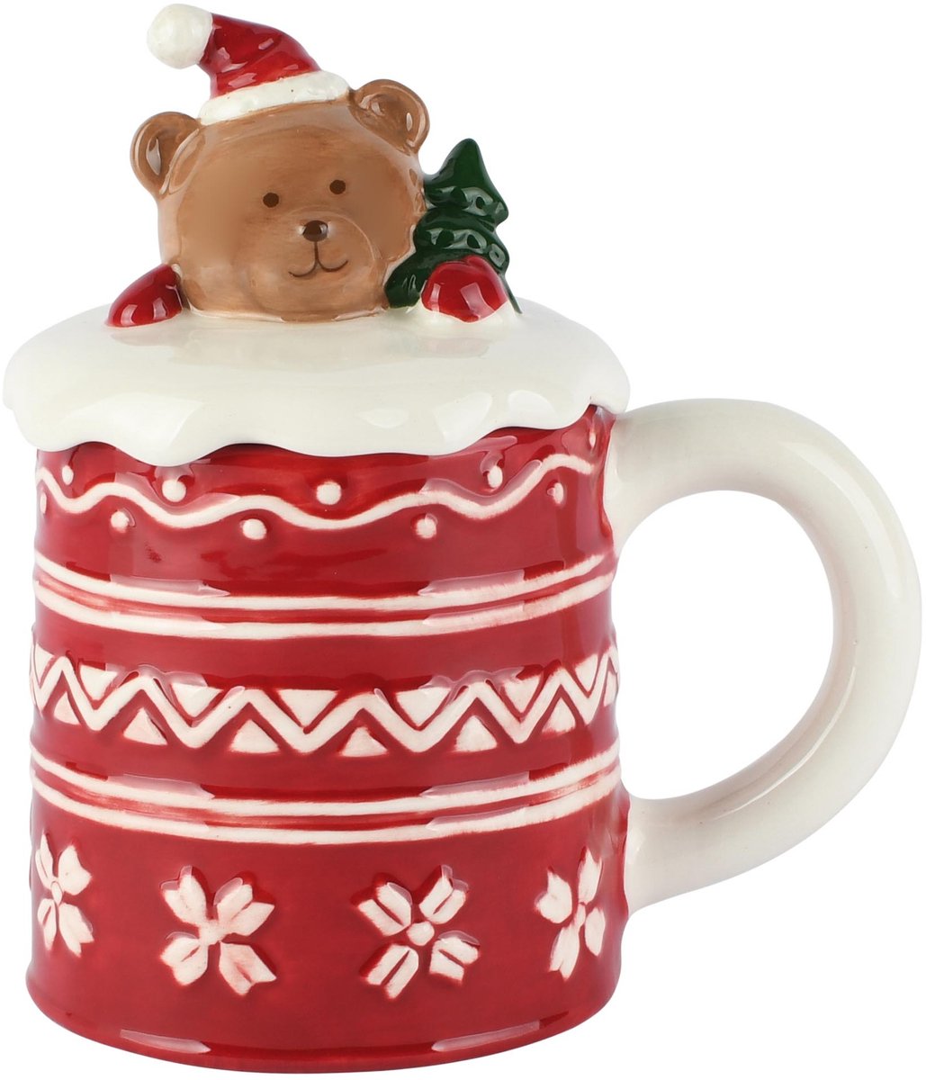 Dekoratief | Mok m/deksel m/kerstbeertje, rood/wit, keramiek, 13x9x14cm | A265369