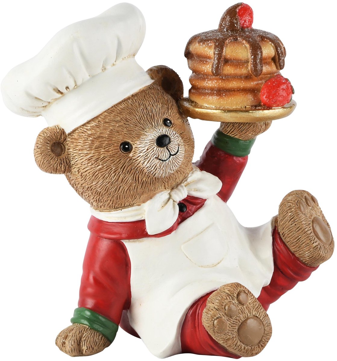 Dekoratief | Bakker beer zittend m/pancakes, rood/wit, resina, 15x12x16cm | A265432