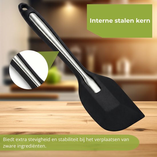 Spatule noire en silicone avec noyau interne en acier, avec le texte "Noyau interne en acier" et "Offre une robustesse et une stabilité supplémentaires lors du déplacement d'ingrédients lourds."