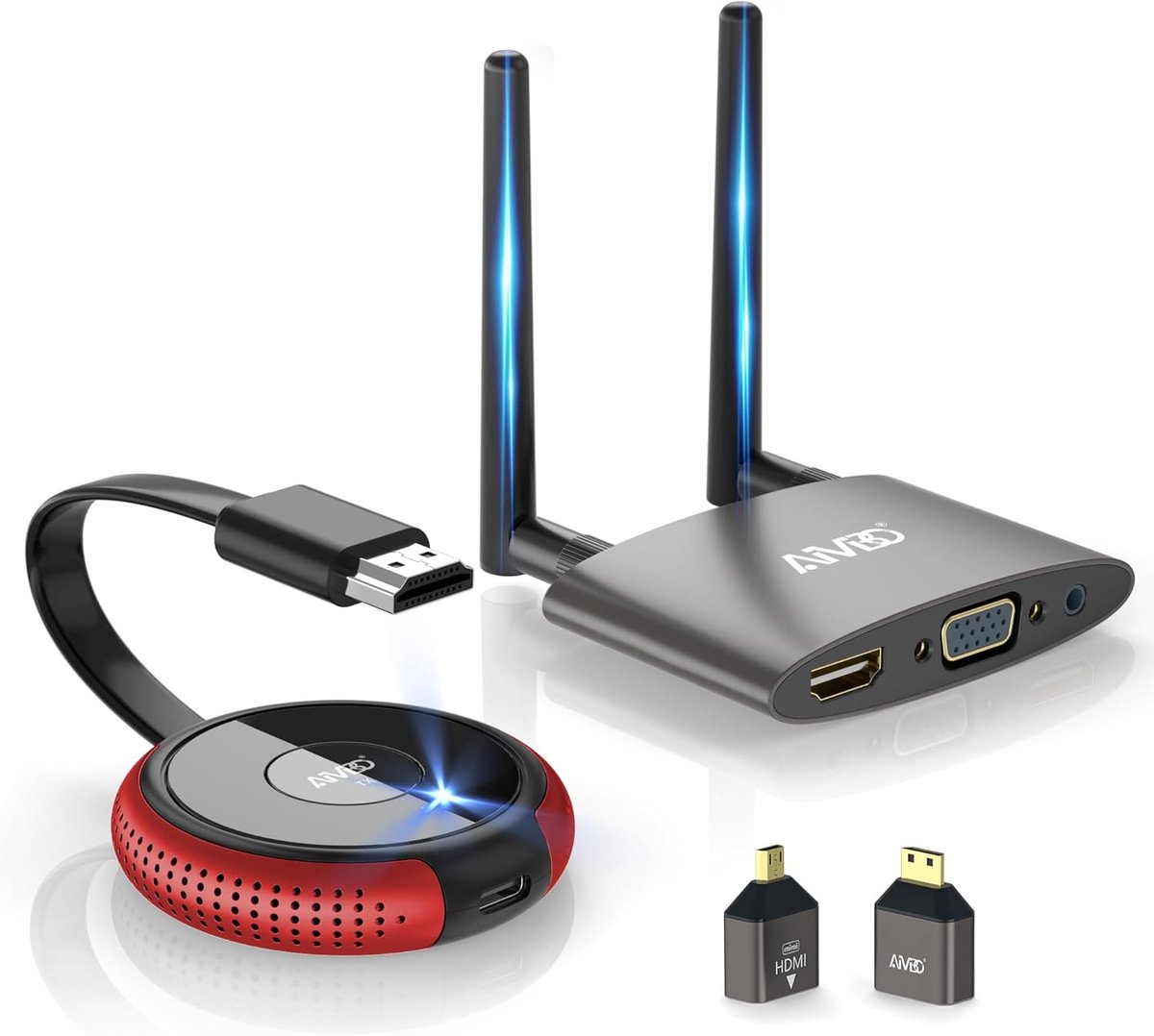Draadloze HDMI Zender - Video Audio Zender - Streamen naar TV - Dubbele Schermen HDMI VGA - 5x1x3 cm - Rood