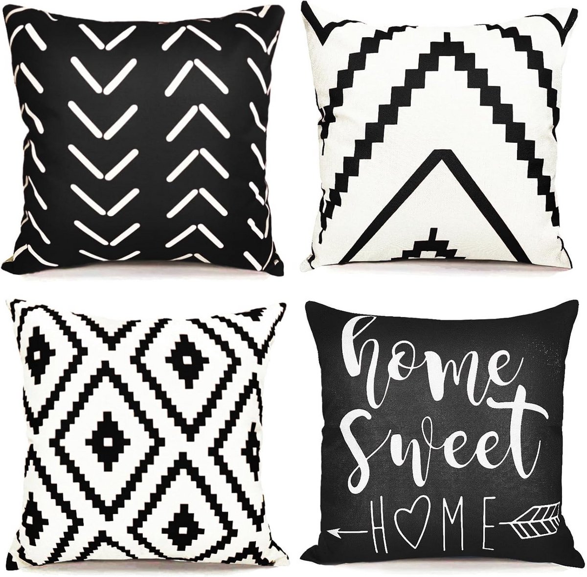 Set van 4 Geometrische Sierkussenhoezen Zwart Wit 52x50 cm voor Bank en Woonkamer