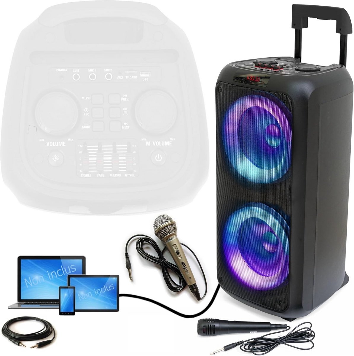 Draagbare Karaoke Speaker met Verlichting, Bluetooth, USB en 2 Microfoons