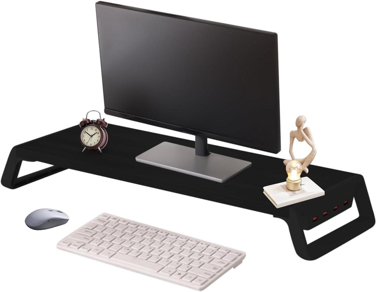 Monitor Verhoger - Bureau Organizer - Ergonomisch Werken - Met 4 USB Poorten - 50 cm Breed - Zwart