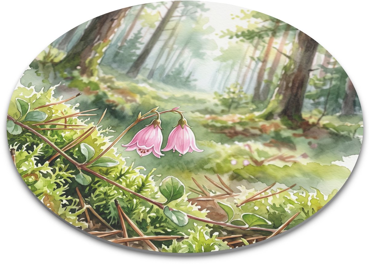 Ronde muismat met linneautje uit Drenthe - Prachtige aquarel van roze klokjesbloemen in een sfeervol dennenbos - Elegante ronde muismat voor op je bureau