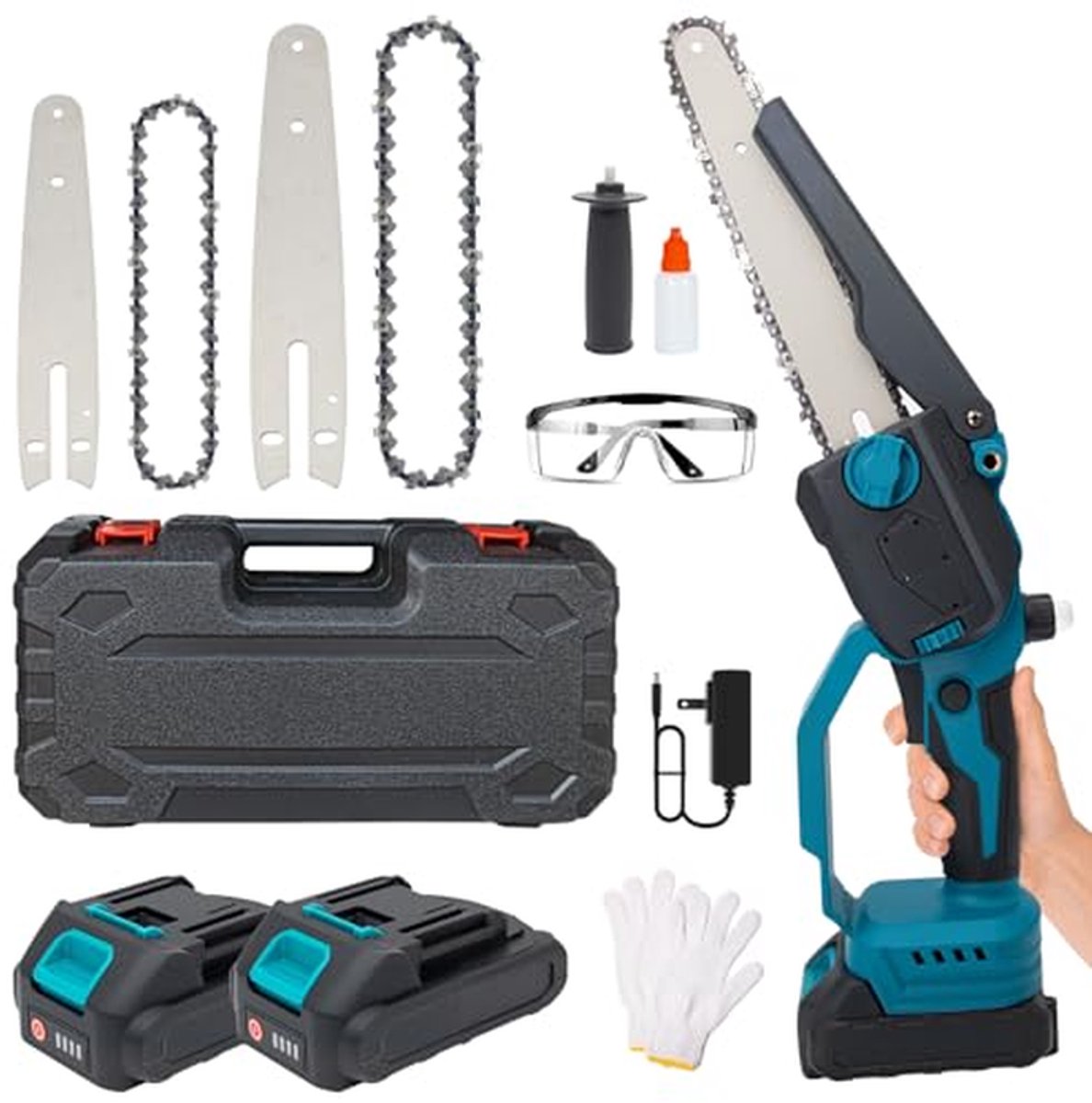 Kettingzaag Set - Accukettingzaag met Borstelloze Motor - Inclusief 2×6-inch en 2×8-inch Kettingen