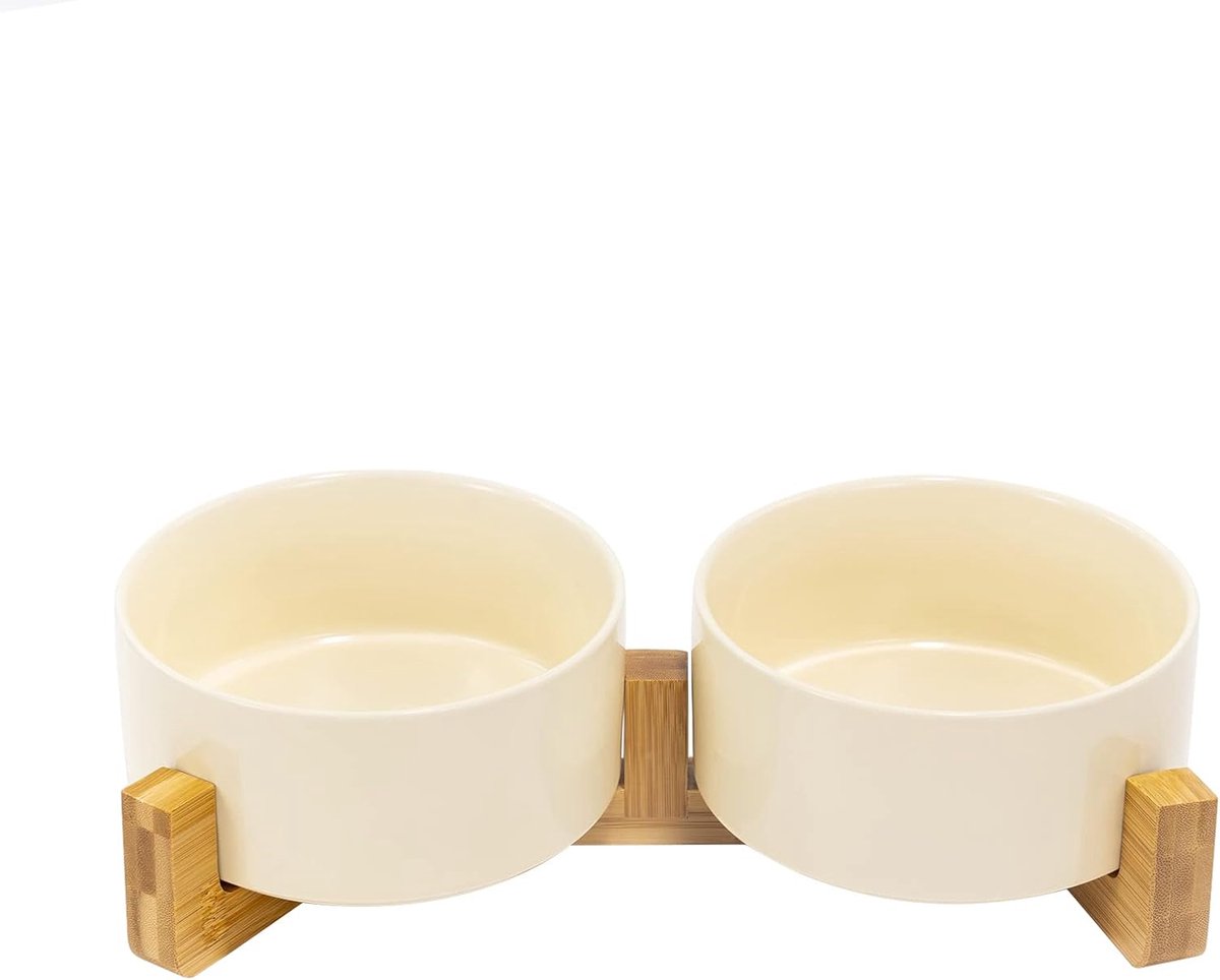 Dubbele Keramische Voerbak met Bamboe Standaard voor Katten en Honden (2x 850 ml)