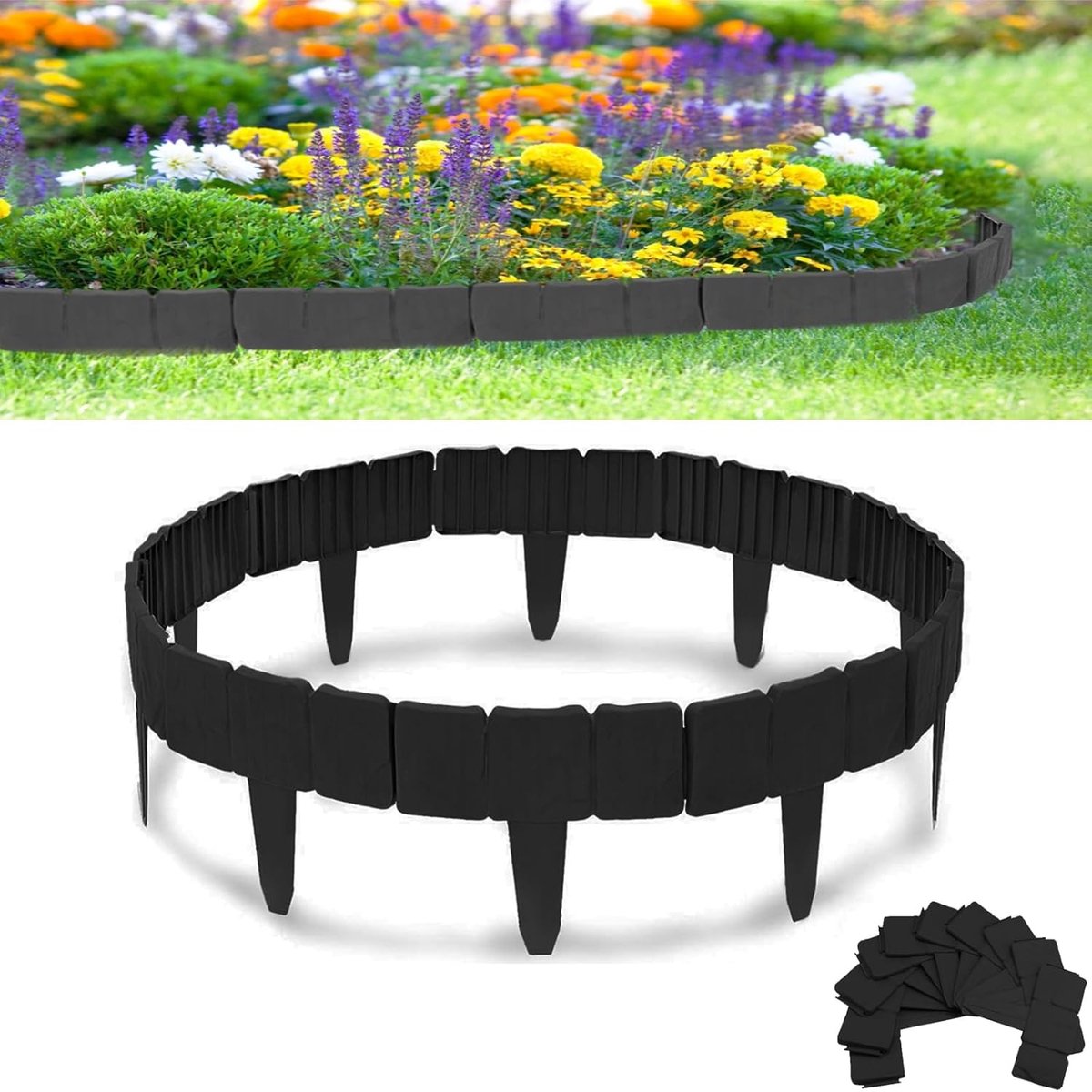 Gazonrand Kunststof - Bloembed Omranding - Tuin Afscheiden - Flexibele Steenlook - 40 Stuks - Zwart