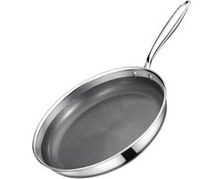Koekenpan RVS - Koekenpan met Deksel - Gezond Koken - Honingraat Anti-aanbaklaag - 26 cm - Zilver