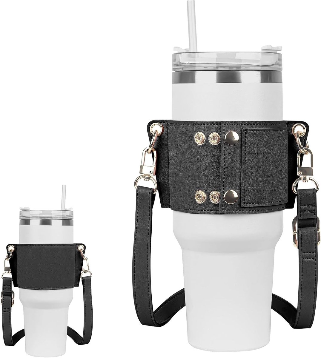 Waterfleshouder met Schouderband voor 30oz en 40oz Flessen, Vegan Leer, Sleutelhanger en Zwart Design