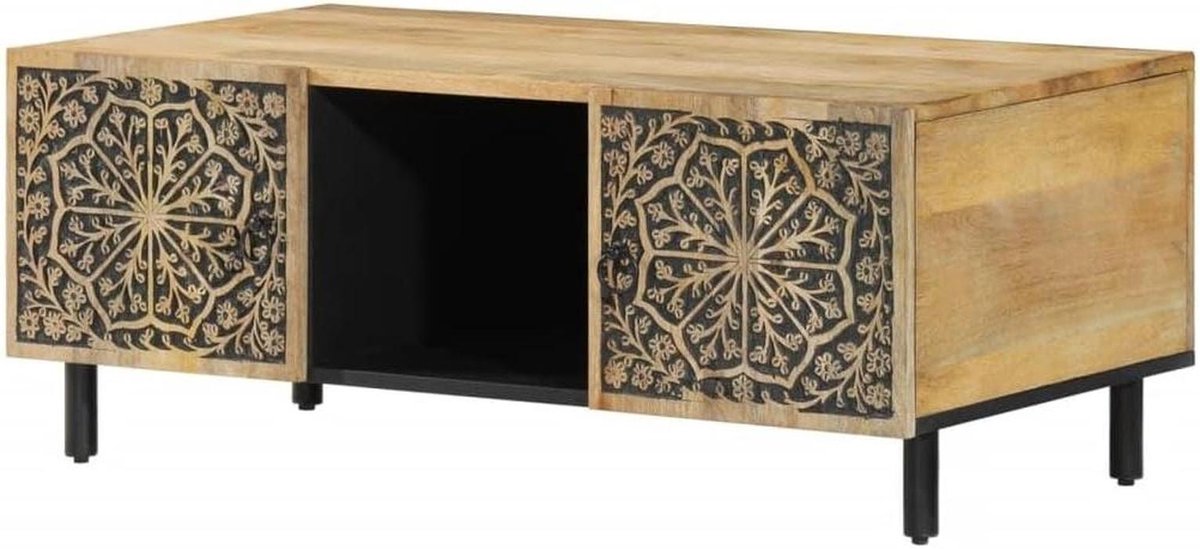Salontafel Massief Hout - Opbergtafel - Woonkamer Inrichten - Handgesneden Bloemenpatroon - 100 x 54 x 40 cm - Bruin