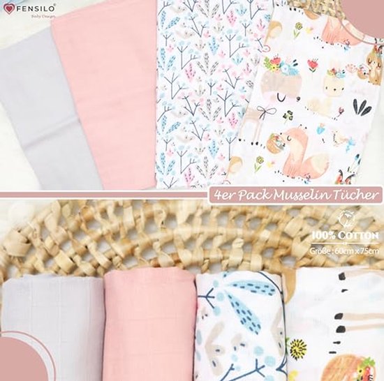 Katoenen Mousseline Doeken 4-Pack - Hydrofiele Luiers voor Baby's - Ideaal voor Kinderen - Veelzijdige Babydoeken - Grijs, Roze, Dieren en Cactus — afbeelding 5
