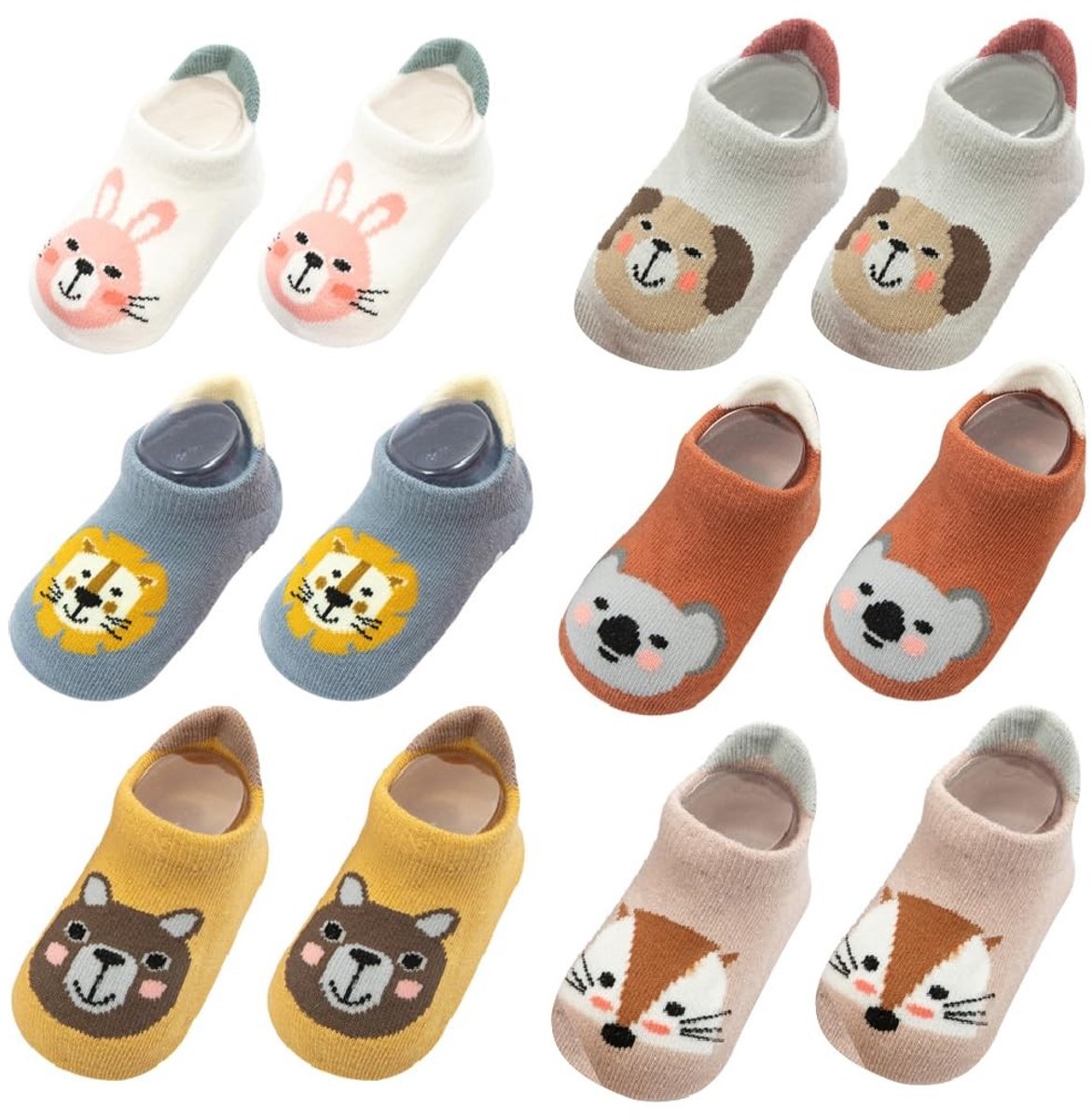 MTTproducts- Antislipsokken 6 Paar - Antislip Sokken Kinderen - Sneakersokken - Dierenmotieven - Katoen - Maat M - Kindersokken