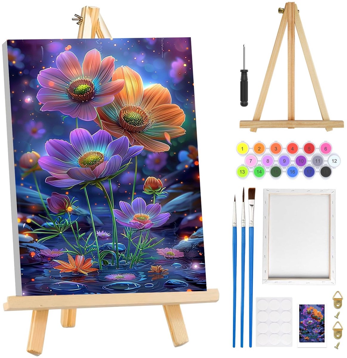 MTTproducts- Schilderen op Nummer Voor Volwassenen - Ingelijst Canvas - Bloemen Landschap - Doe-Het-Zelf Acrylverf Set - Houten Ezel - Inclusief Penselen - Verfset
