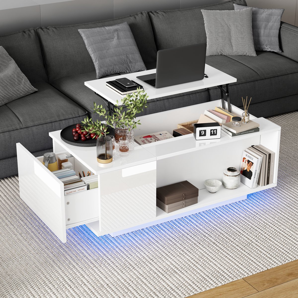 MODENUIT Salontafel - Verstelbaar Tafelblad, Lade En LED - Voor Woonkamer - Hoogglans Spaanplaat Wit - 100x50x40 Cm