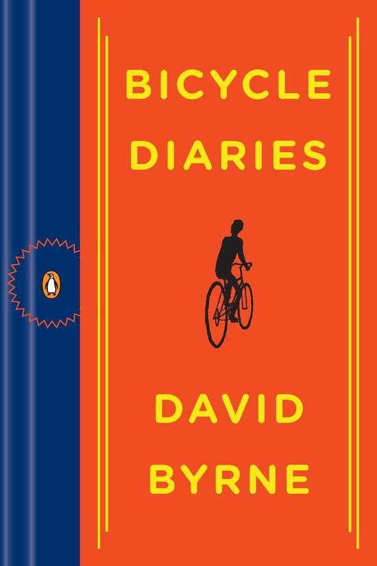 Boekcover 'Bicycle Diaries' van David Byrne. Oranje met gele tekst en een zwarte fietser.