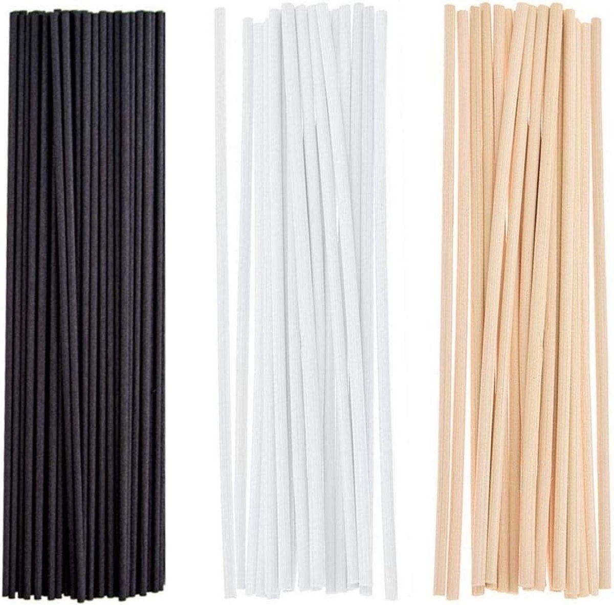 Natuurlijke Riet Diffuser Sticks - 150 Stuks Vervangende Stokken voor Geurverspreiders - Ideaal voor Thuis, Aromatherapie en Sfeer creëren - 3mm x 24cm in Zwart, Wit en Beige