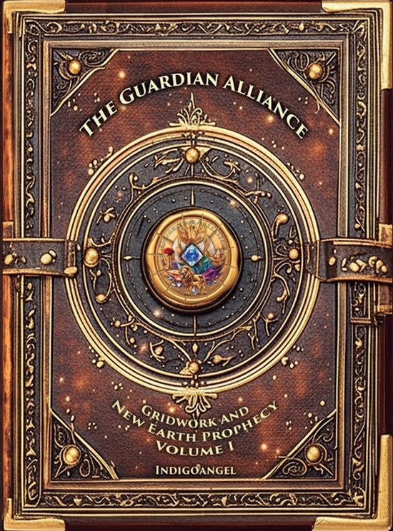 Bruin boek met gouden decoratie en de titel "THE GUARDIAN ALLIANCE" en "GRIDWORK AND NEW EARTH PROPHECY VOLUME I".