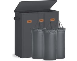 Wasmand 3 Vakken – 160L – Met Deksel – Uitneembare Binnenzak – Opvouwbaar – Oxford Stof – 64 × 33 × 75 cm – Donkergrijs