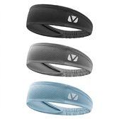 Zwart grijs lichtblauwe sport hoofdband set voor dames en heren – 3 delige zweetband haarband set met geperforeerde textiel structuur – elastische sport hoofdbanden voor hardlopen, fitness, yoga en training