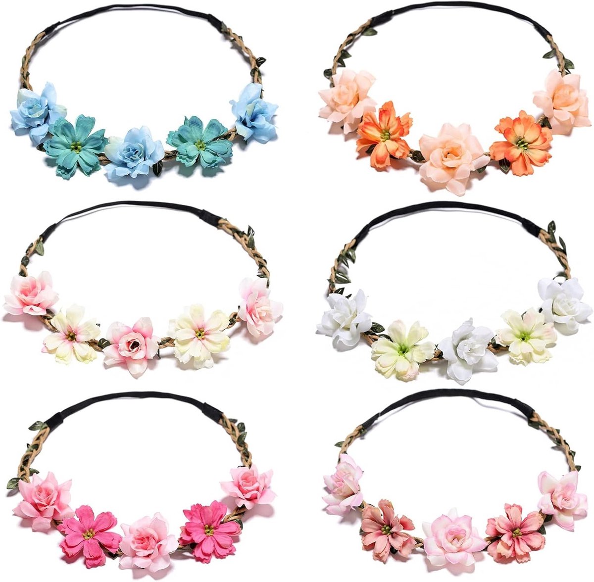 Set van 6 Bloemen Haarbanden voor Bruiloften - Perfect voor Reizen, Cadeaus en Feestjes (6 Stijlen)