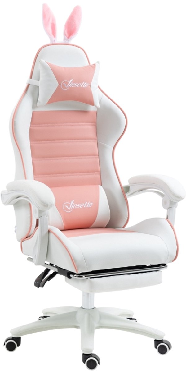 Ergonomische gamingstoel met lendensteun, voetensteun, armleuningen in de vorm van konijnenoortjes, hoofdsteun, in hoogte verstelbaar en kantelfunctie. Roze