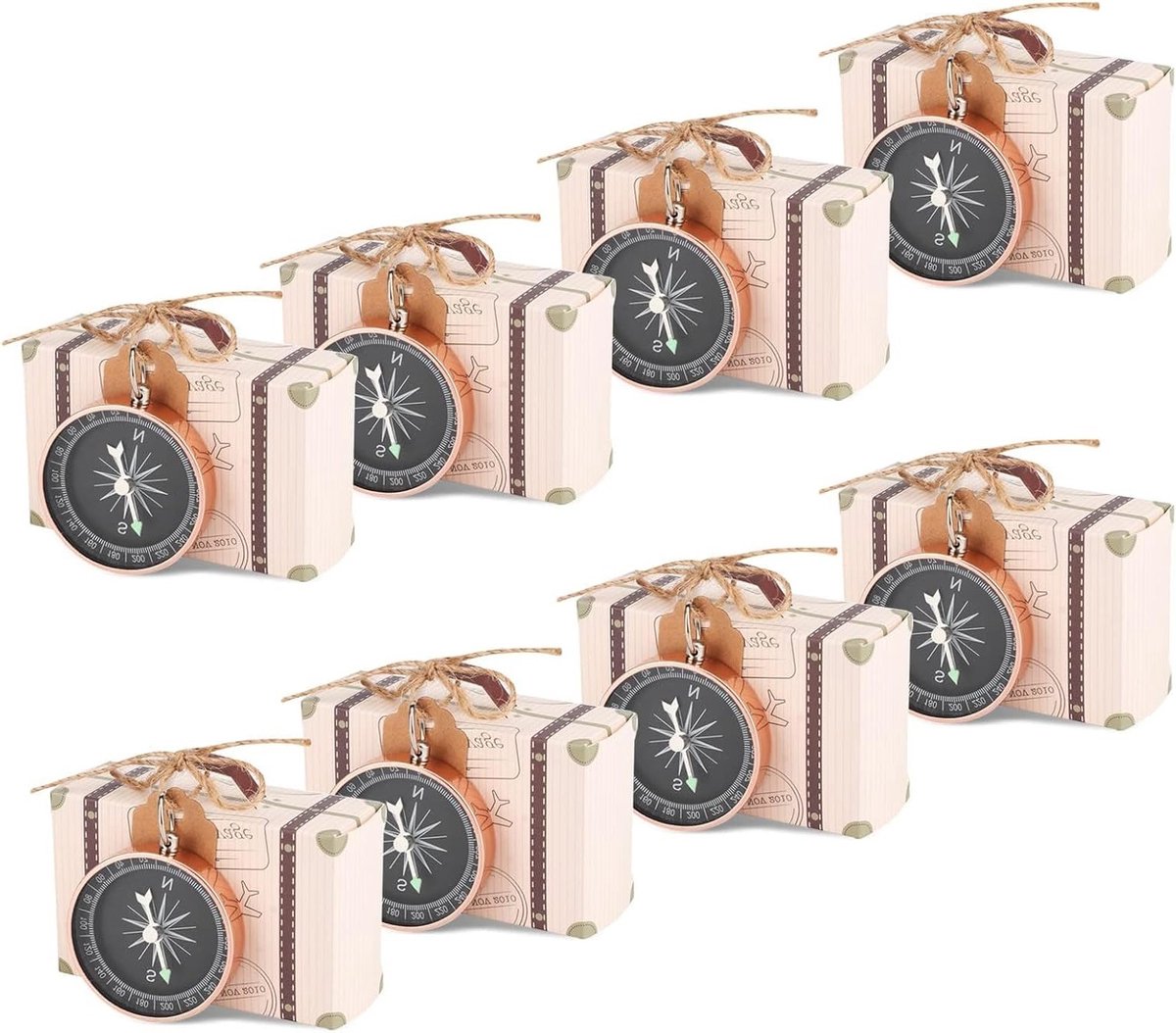 20 Stuks Vintage Kraft Papieren Trouwringen Doosjes, Mini Koffer Favor Dozen voor Chocolade en Cadeaus met Kompas en Jute Touw voor Bruiloft en Babyshower Decoratie