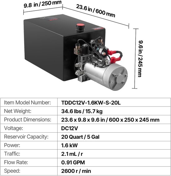 VEVOR 20 Qt Hydraulische Krachtbron, Dubbelwerkende Kipperaanhangerpomp, Maximale Openingsdruk 22 Mpa en Debiet 3,4 L/Min, 12 V DC Hydraulische Pomp met Metalen Reservoir voor Kipperaanhangers, Zwart van Merkloos — afbeelding 3