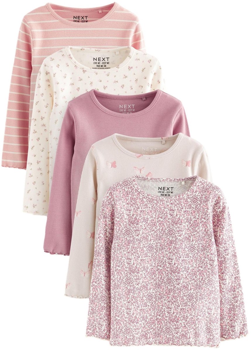 Next - Meisjes - Set van 5 geribbelde tops met lange mouwen - Roze