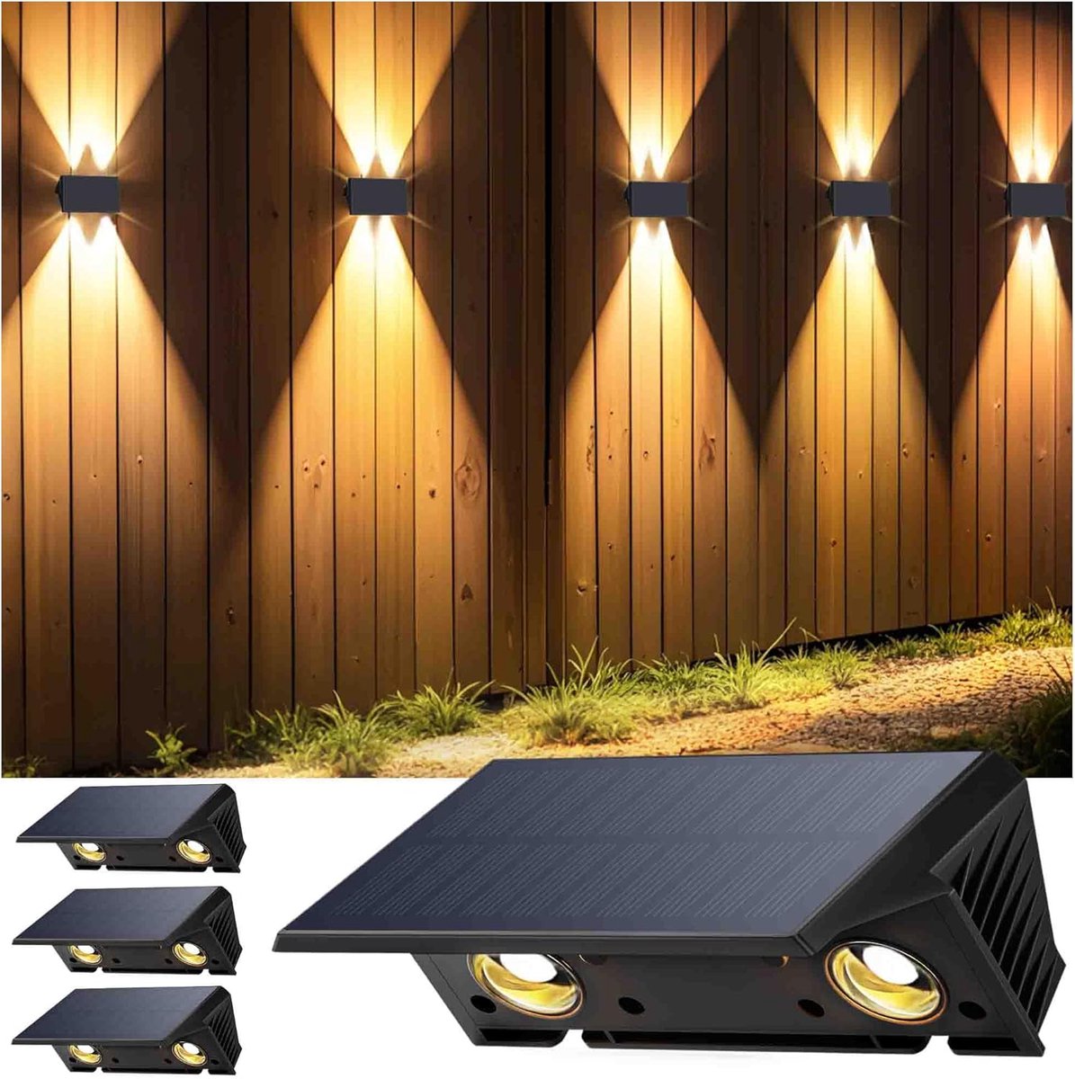 Set van 4 solar tuinverlichting voor schuttingen en muren, warm wit licht, verlichting boven en onder, waterdicht, automatische verlichting van schemering tot zonsopgang, geschikt voor buiten/huis/zwembad/veranda