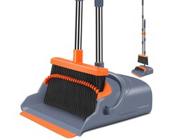 Travelhawk Stoffer en Blik met Lange Steel - Verstelbaar 100-130cm - Vuilblik & Veger - Handveger en Blik Metaal - Stofblik voor Binnen - Grijs/Oranje