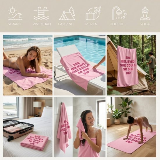 Collage van afbeeldingen die de veelzijdigheid van de roze handdoek tonen voor strand, zwembad, camping, reizen, douche en yoga.