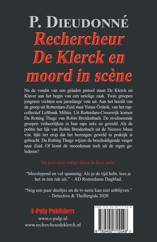 Boekcover met de titel 'Rechercheur De Klerck en moord in scène' en achtergrondtekst.