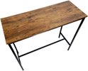 Bartafel met een rustiek bruin houten tafelblad en een zwart metalen frame.