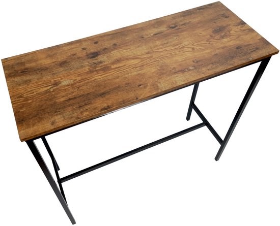 Bartafel met een rustiek bruin houten tafelblad en een zwart metalen frame.