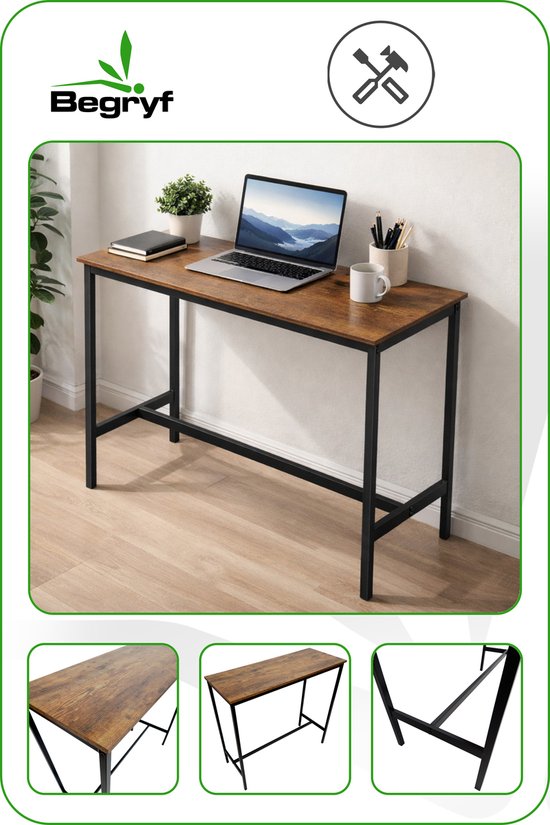 Bartafel met rustiek bruin blad en zwart metalen frame. Een laptop, mok, notitieboek en plant staan op het tafelblad.