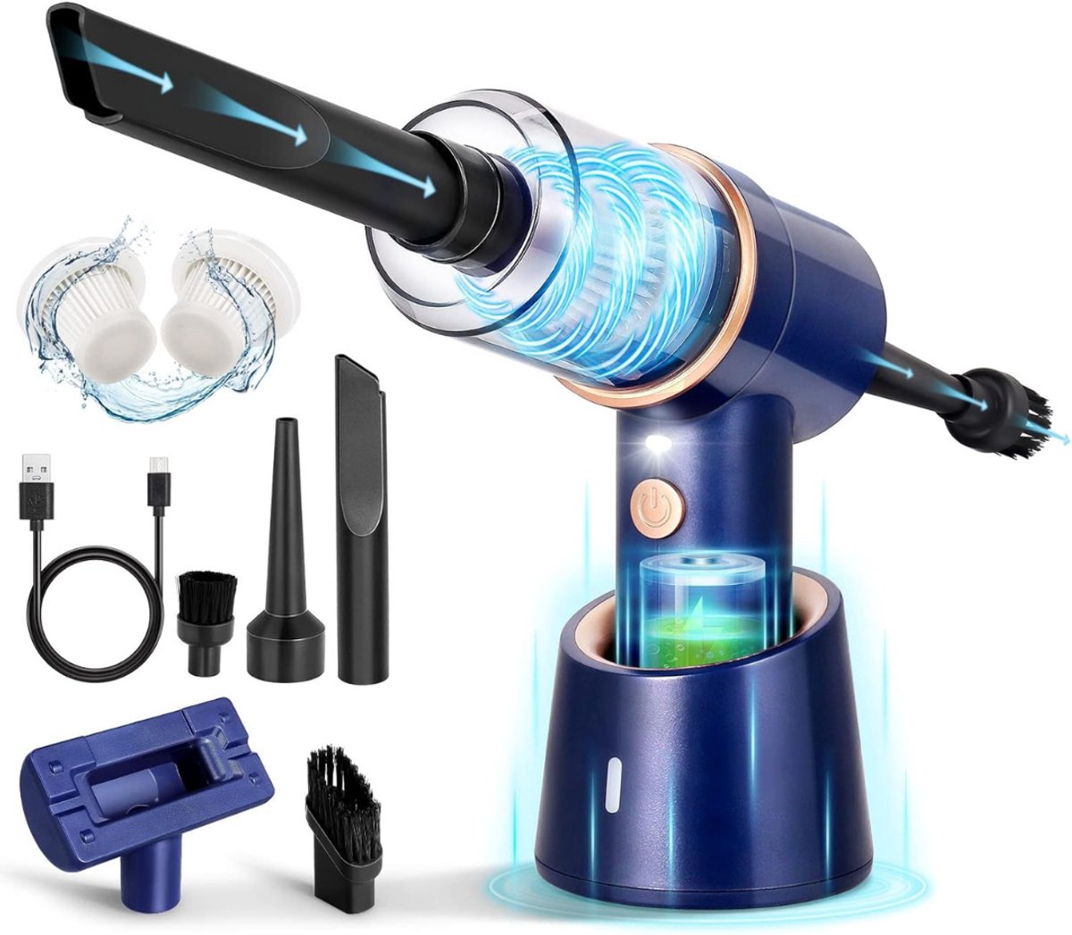 HEZIVO® Auto Stofzuiger - Kruimeldief Draadloos - Autostofzuiger Oplaadbaar - Handstofzuiger 3-in-1 - Ook voor Huisdieren Haar - Blauw