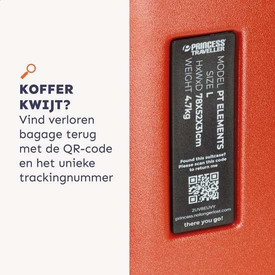 QR-code label op een oranje koffer met 'Princess Traveller' en 'Model PT Elements'.
