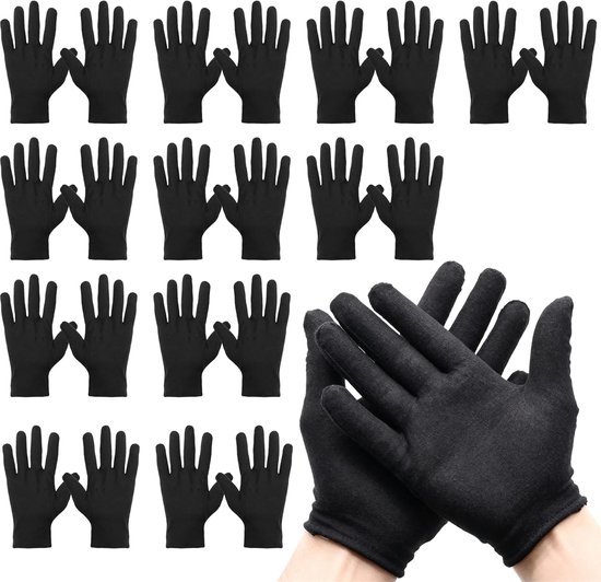 12 stuks katoenen handschoenen, zwart, 22 cm, dunne katoenen handschoenen, herbruikbaar, zachte textielhandschoenen, geschikt voor handverzorging, sieradeninspectie en nachtverzorging